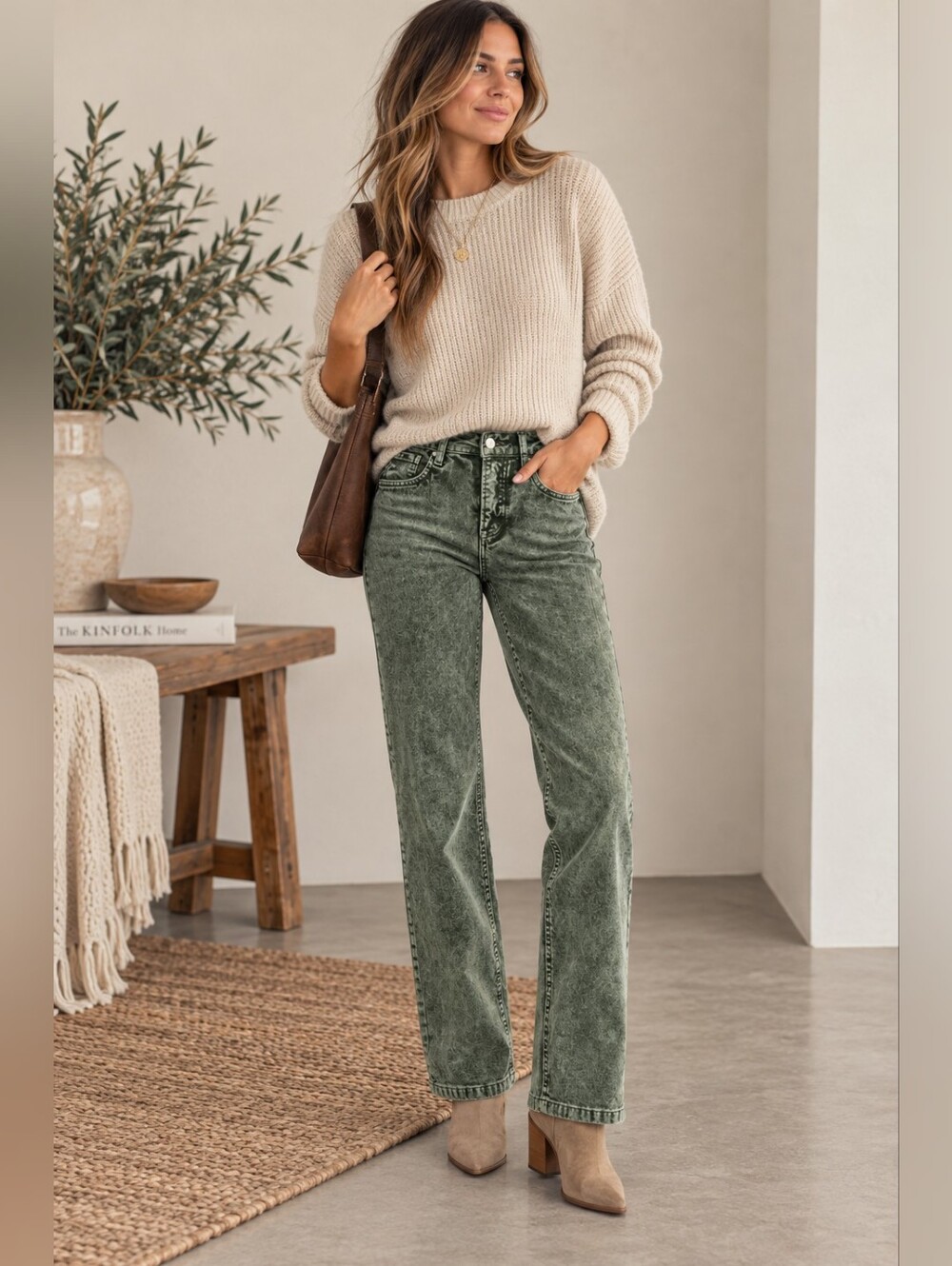 RISEN Tummy Control Straight Leg Corduroy Pants Green Cottagecore Various NEW